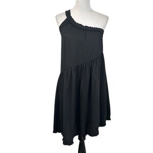 Anthropologie Womens One Shoulder Ruffle Mini Dress Sz Small Black Asymmetrical